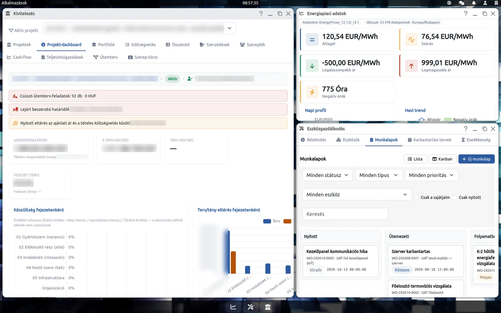 Pracovní plocha OrigSmart WebOS se třemi otevřenými okny aplikací